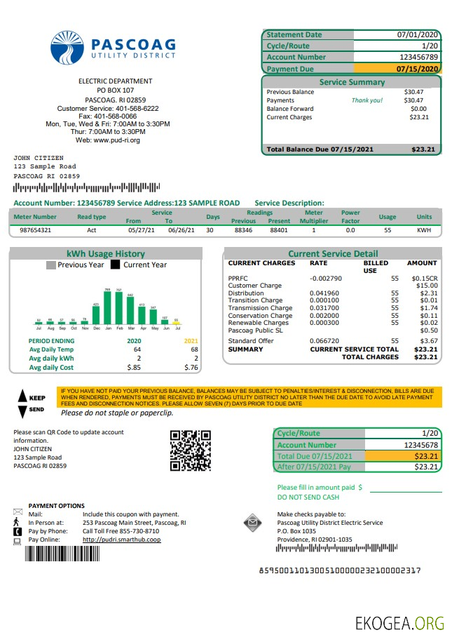 USA Rhode Island Pascoag Utility District utility bill template in Word and PDF format